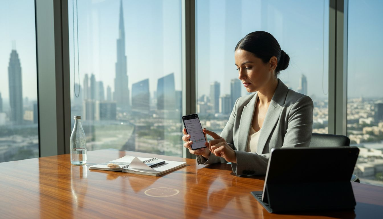 Dubai business owner uses mobile app in office